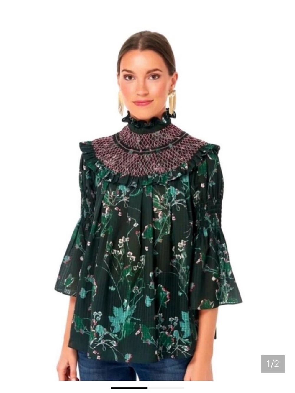 Tuckernuck Dark Green Floral Smocked Yoke Blouse